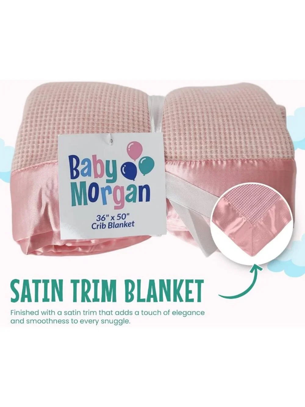 Cozy Thermal Waffle Knit Baby Blanket with Satin Trim, Pink, 36